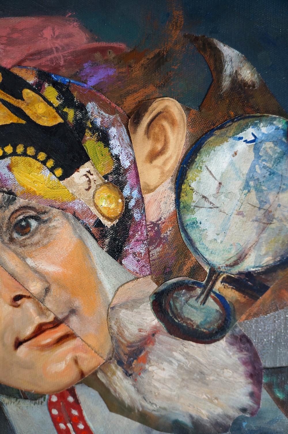 « Man of the World », acrylique, collage, portrait, peinture neutre, technique mixte - Gris Portrait Painting par John Baker