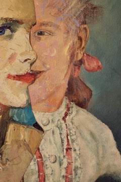 "Amor Maternal", Surrealista, Retrato, Rosa, Azul, Collage, Pintura Acrílica