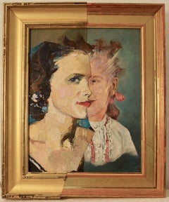 "Maternal Love", Surrealist, Portrait, Pink, Blue, Collage, Acrylic Painting