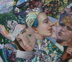 "Mountain Embrace", Contemporary, Floral, Blue, Pink, Collage, Acrylic Painting