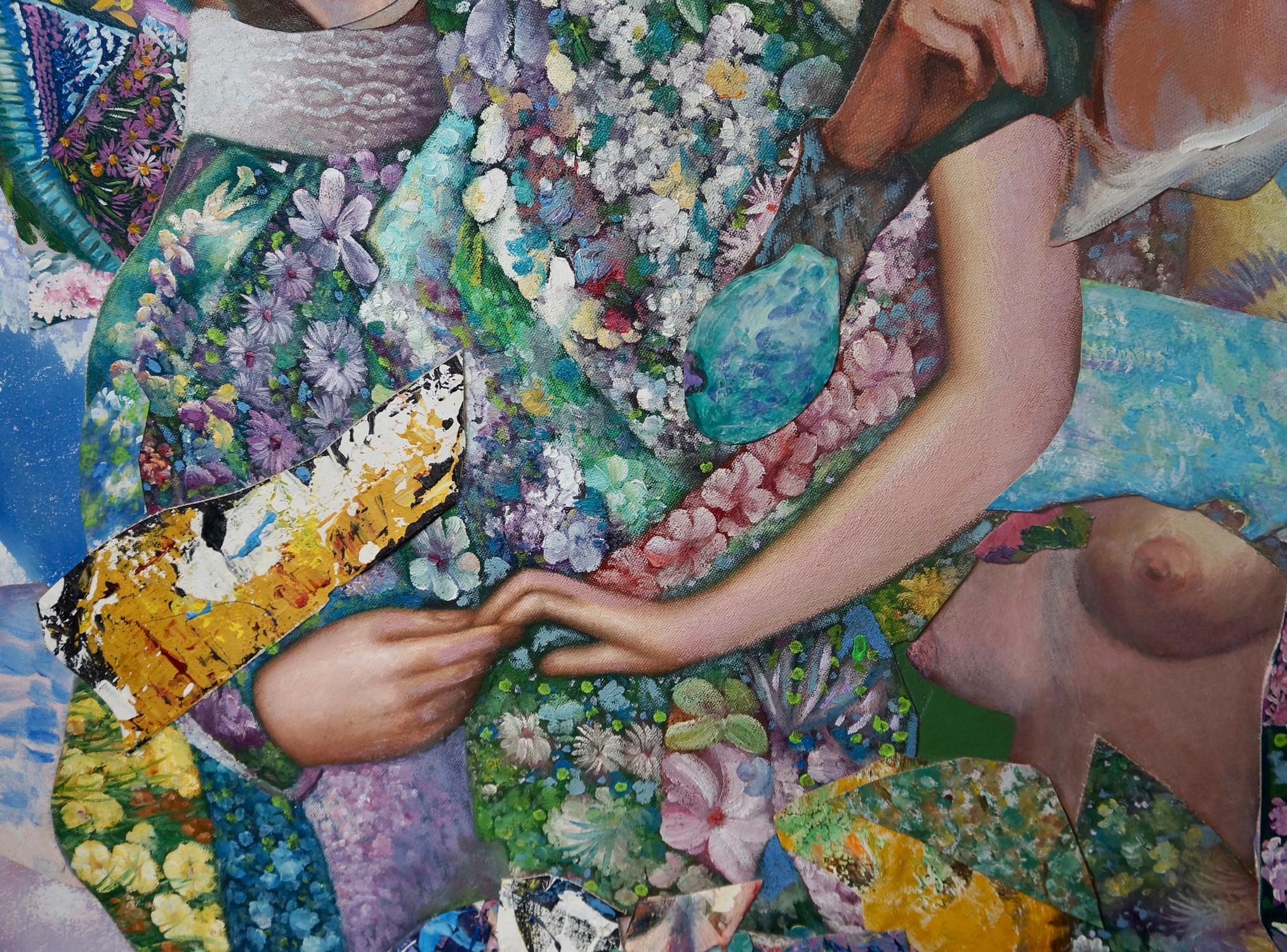John Baker’s “Mountain Embrace” is an acrylic painting with collage on canvas 67 x 46 x 1.5 inches in pinks, blues, greens and yellows. The cluster of intertwined, nearly life size figures floats apparition-like and weightless in a stratospheric