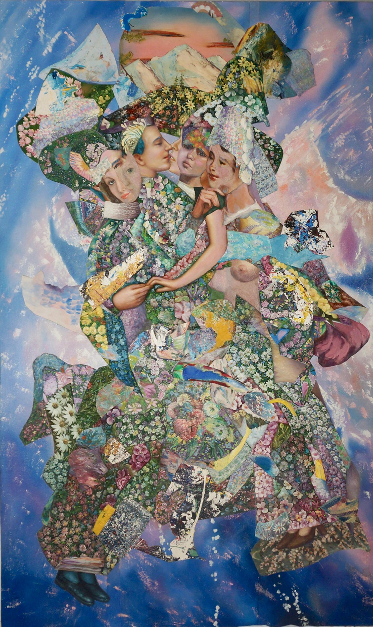 "Mountain Embrace", contemporain, bleus, roses, collage, peinture acrylique. - Painting de John Baker