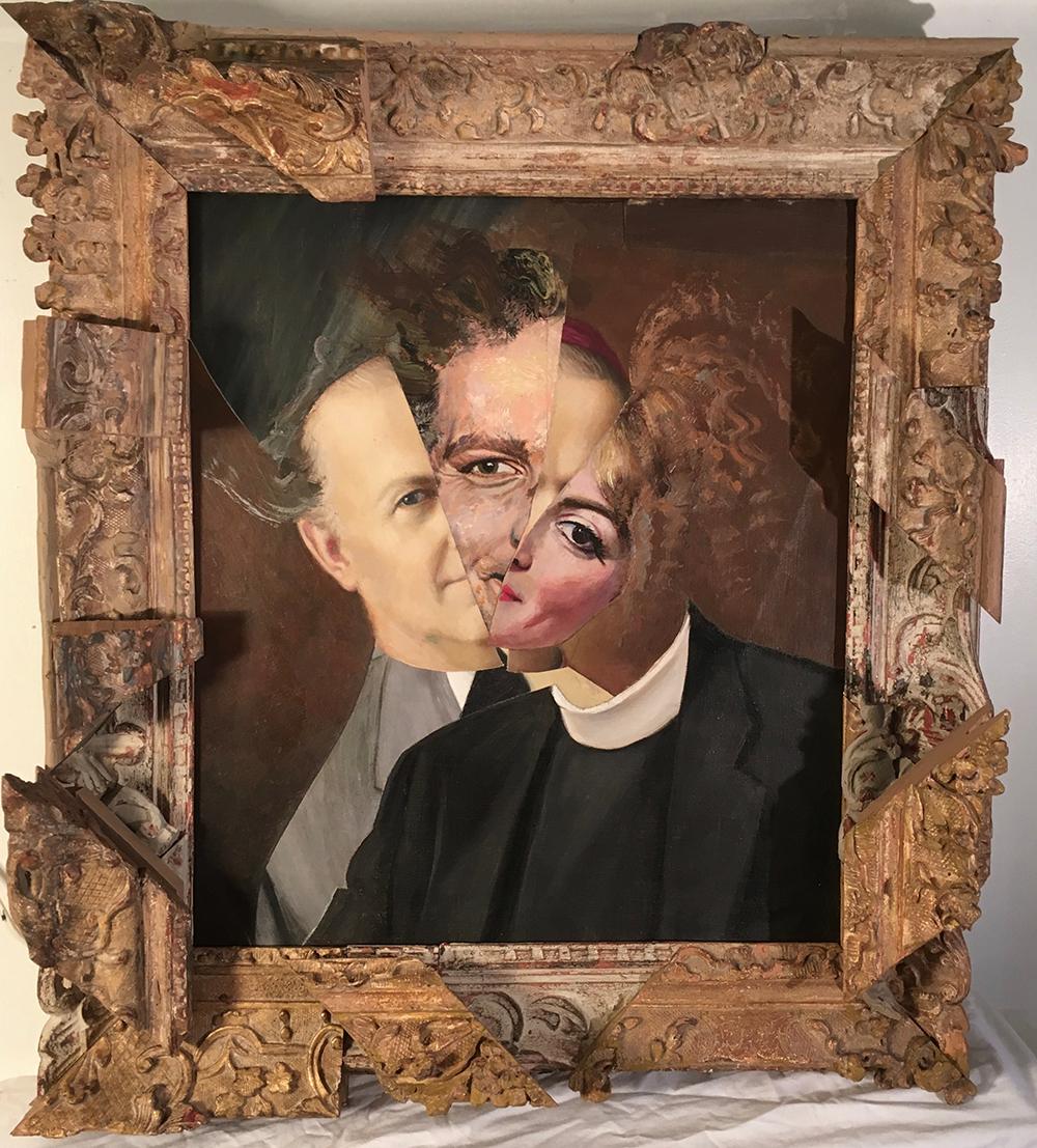 Portrait Painting di John Baker - "Disturbo da personalità multipla", ritratto, collage, nero, pittura a tecnica mista