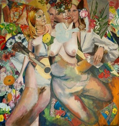 "Musique dans le jardin", contemporain, rose, vert, collage, peinture acrylique.