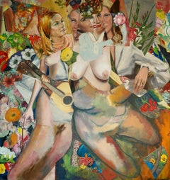 "Música en el jardín", contemporáneo, rosa, verde, collage, pintura acrílica