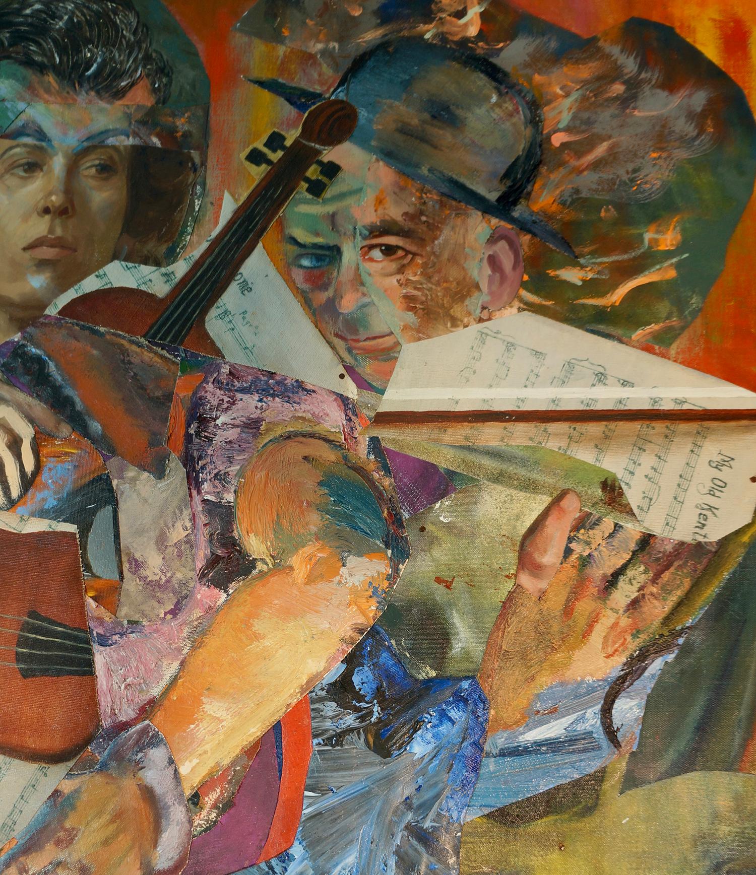 John Baker’s “Music Makers” is an acrylic painting on canvas with collage 30 inches x 40 inches in blues, oranges, pinks, yellows and browns. The image is accomplished in contrasting styles. The violin and sheet music are painted in a realistic