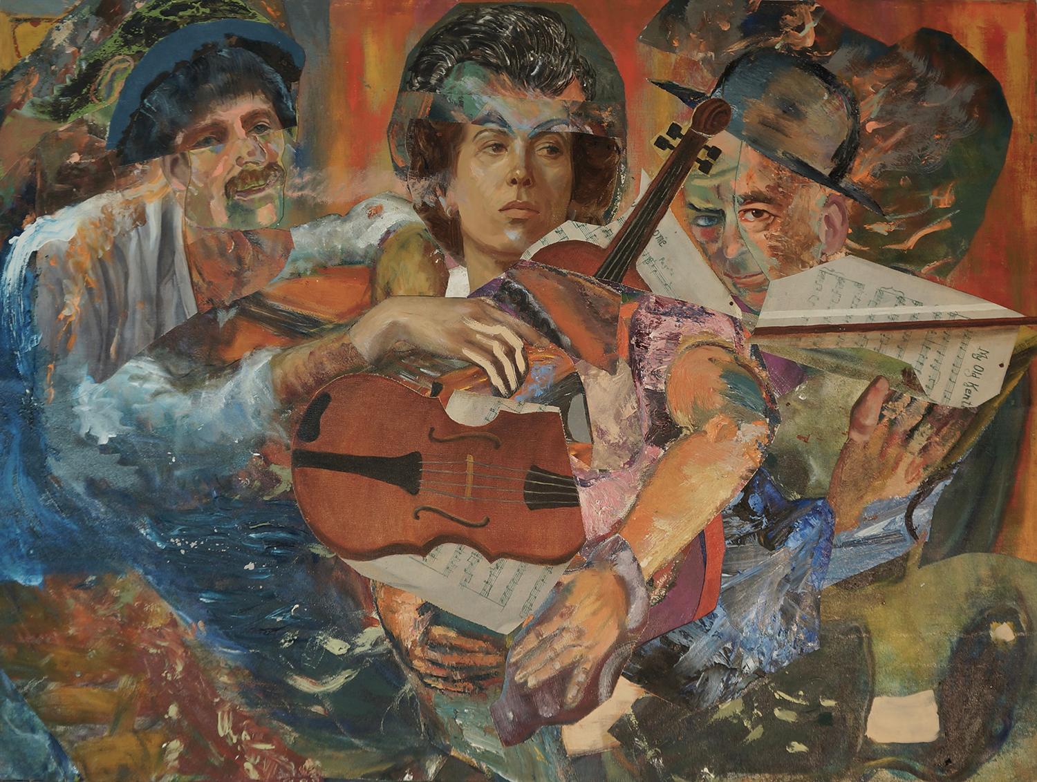 Portrait Painting John Baker - "Music Makers", contemporain, figures, marron, bleu, collage, peinture acrylique.