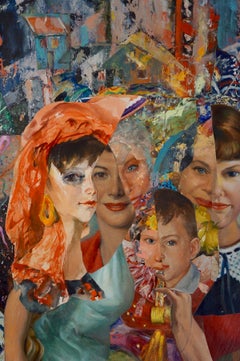 "New Year's Eve", Contemporary, Woman, Red, Blue, Collage, Acrylic Painting