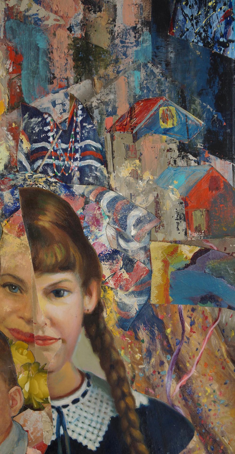 « Le Nouvel An », acrylique, collage, techniques mixtes, peinture, femme, rouges, bleus en vente 1