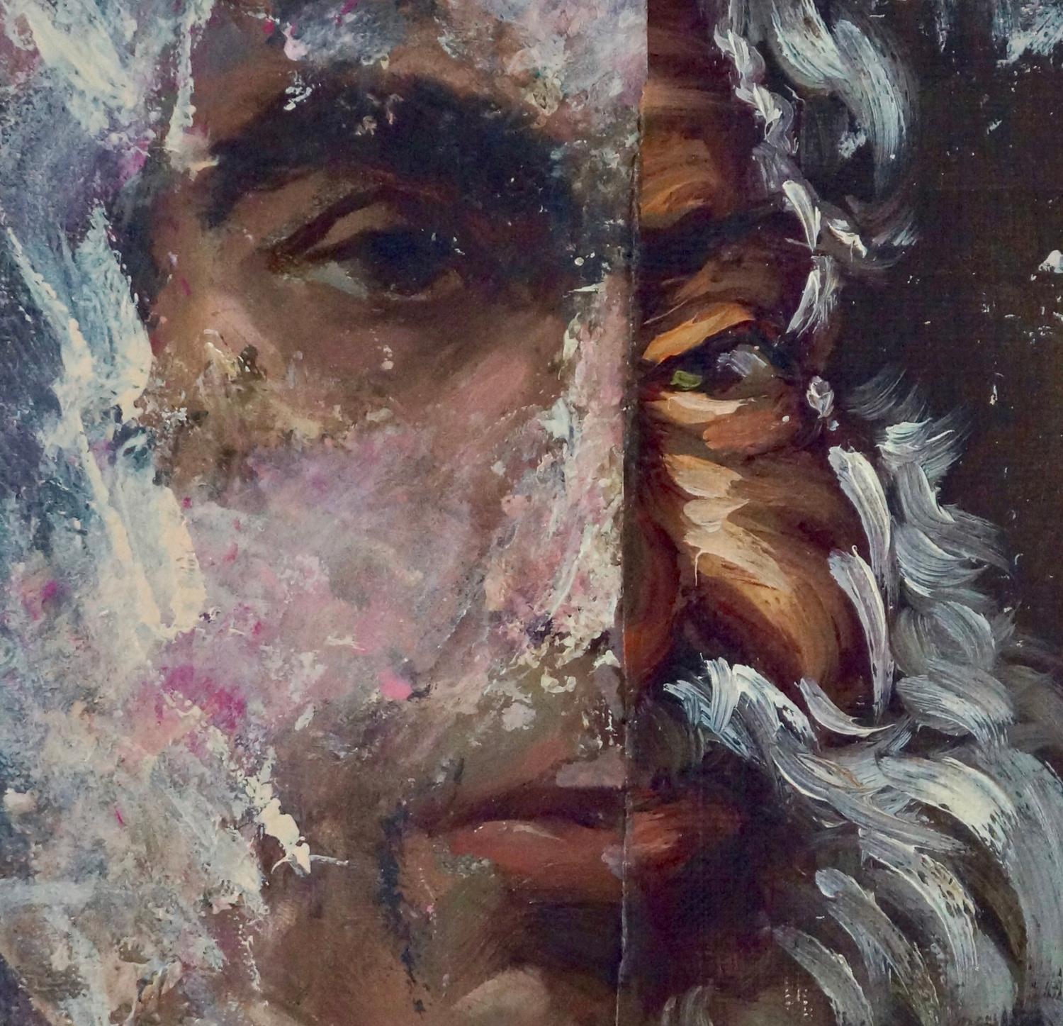 « Old Madman #2 », peinture acrylique, portrait, collage, roses, bruns, noirs, beiges - Contemporain Painting par John Baker