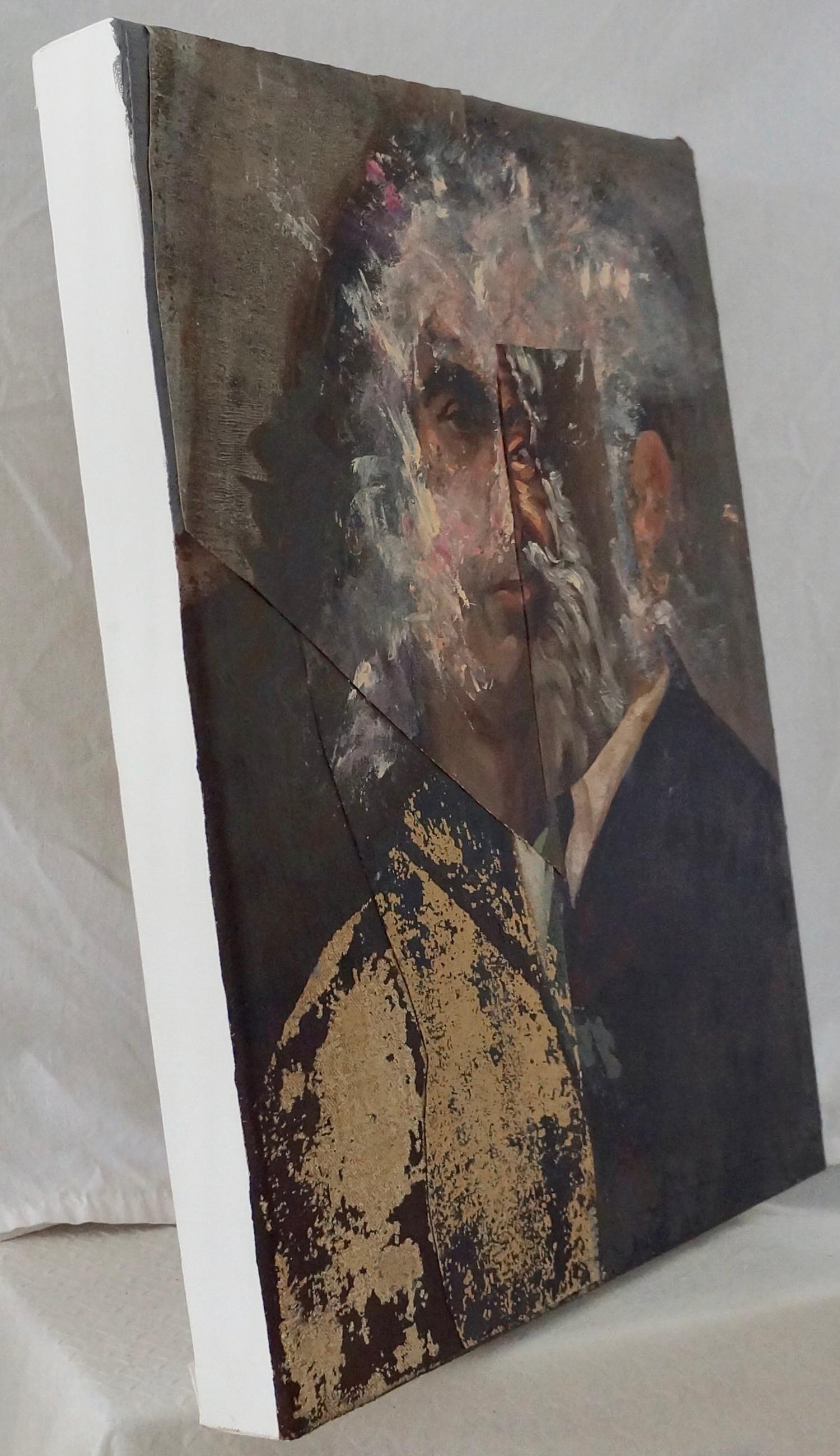 « Old Madman #2 », peinture acrylique, portrait, collage, roses, bruns, noirs, beiges - Noir Portrait Painting par John Baker