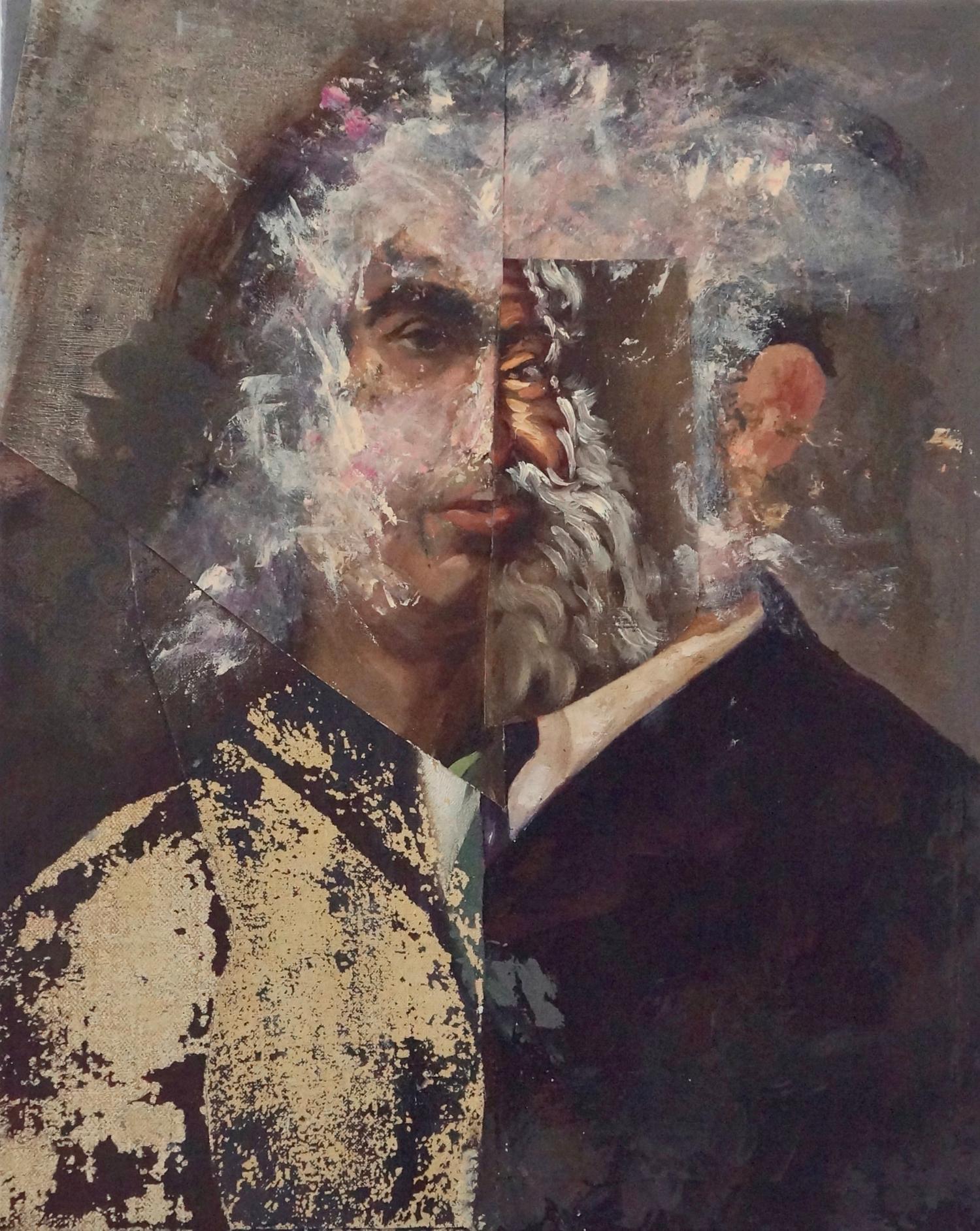 Portrait Painting John Baker - « Old Madman #2 », peinture acrylique, portrait, collage, roses, bruns, noirs, beiges