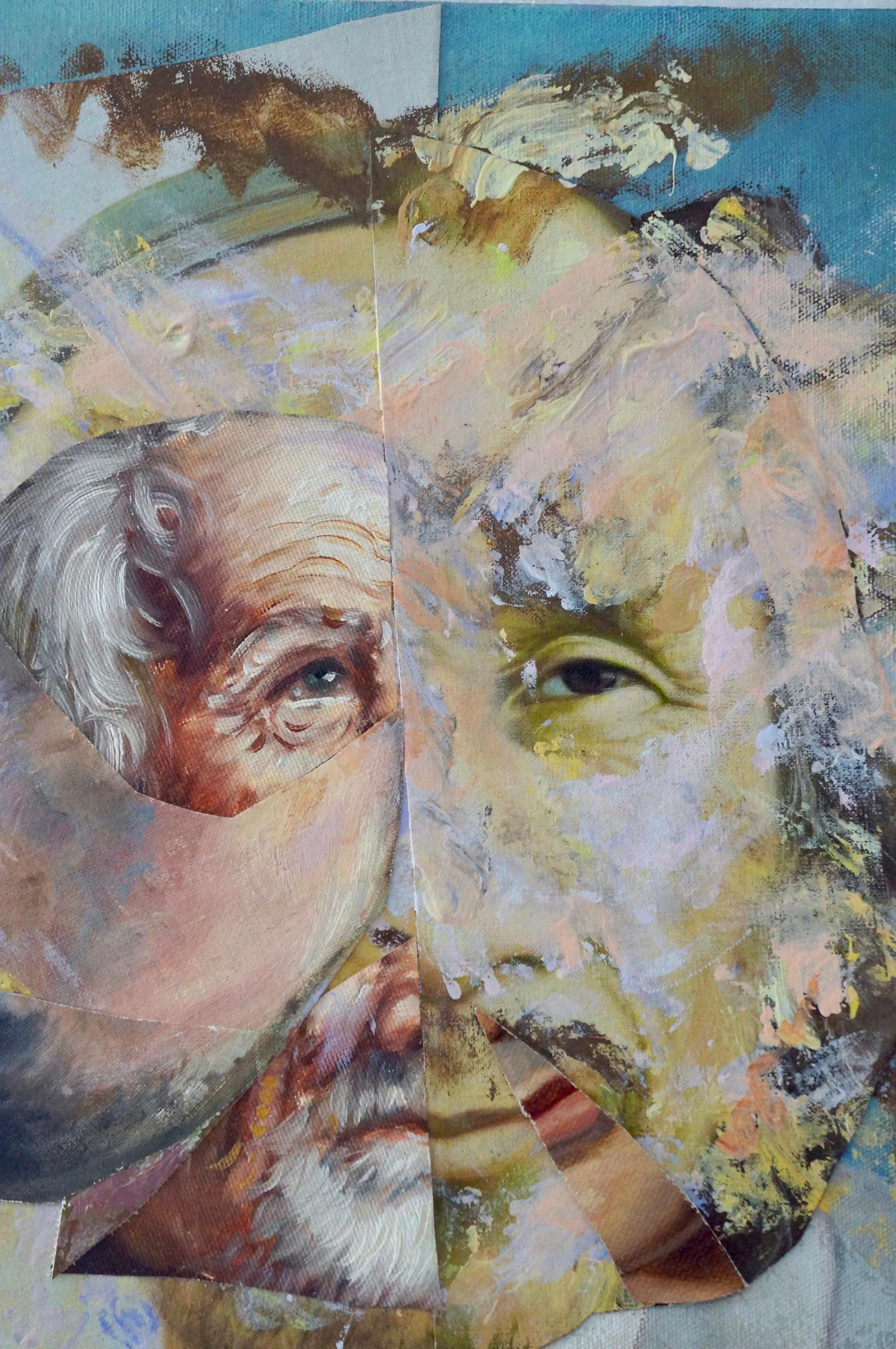 « Old Madman 3 », peinture acrylique, portrait, collage, gris, bruns, blancs - Painting de John Baker
