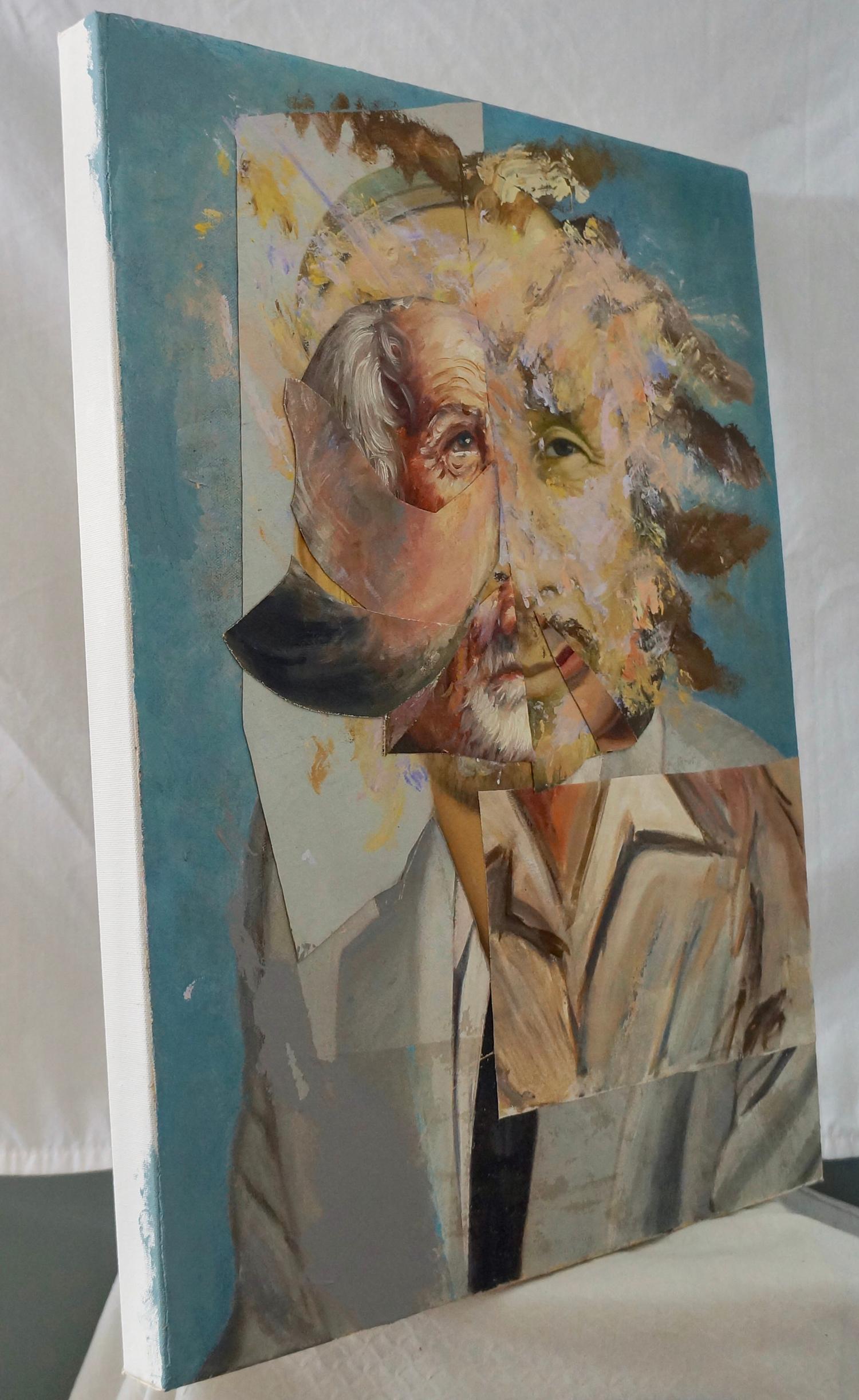 « Old Madman 3 », peinture acrylique, portrait, collage, gris, bruns, blancs - Gris Portrait Painting par John Baker