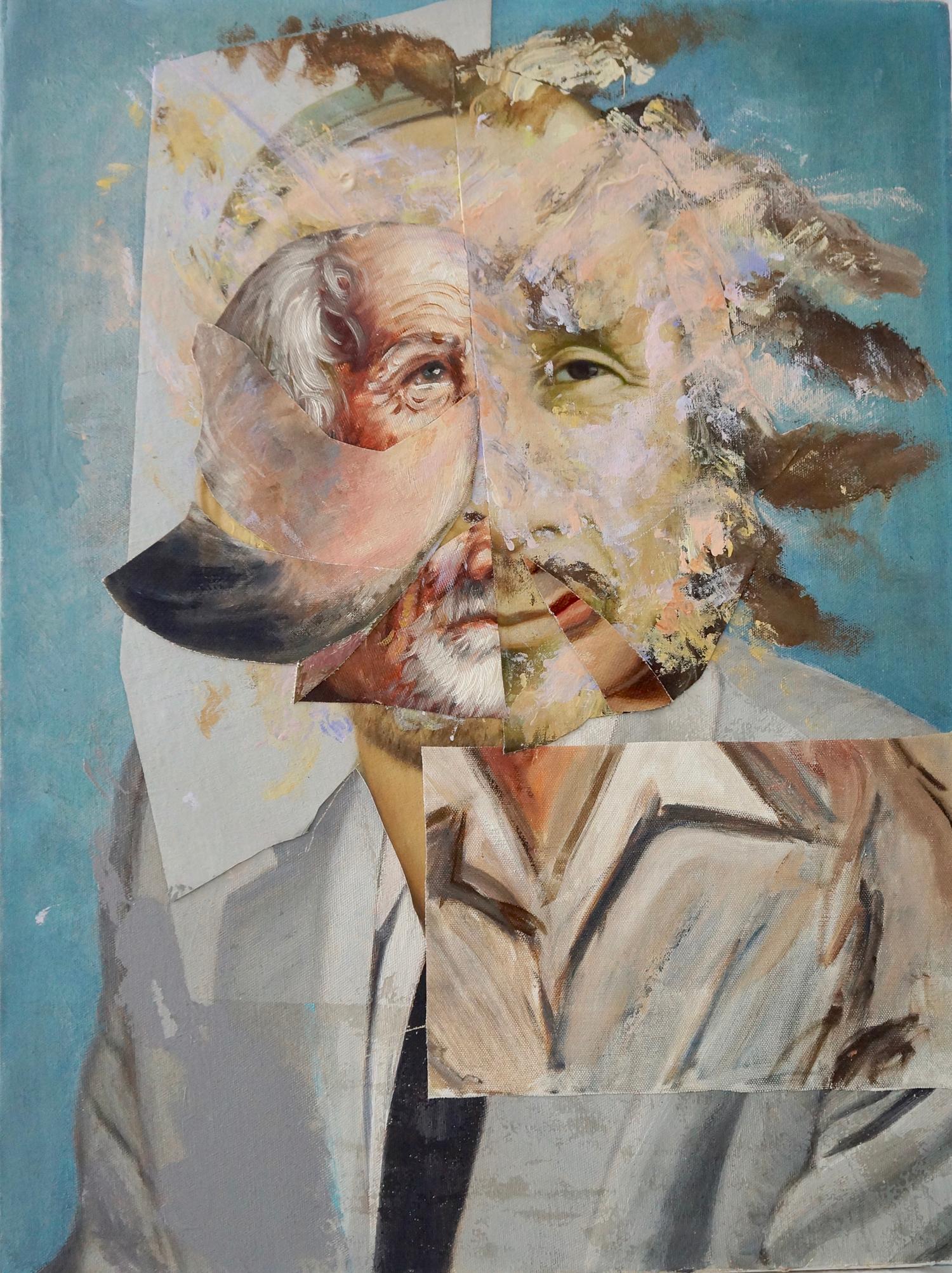 Portrait Painting John Baker - « Old Madman 3 », peinture acrylique, portrait, collage, gris, bruns, blancs