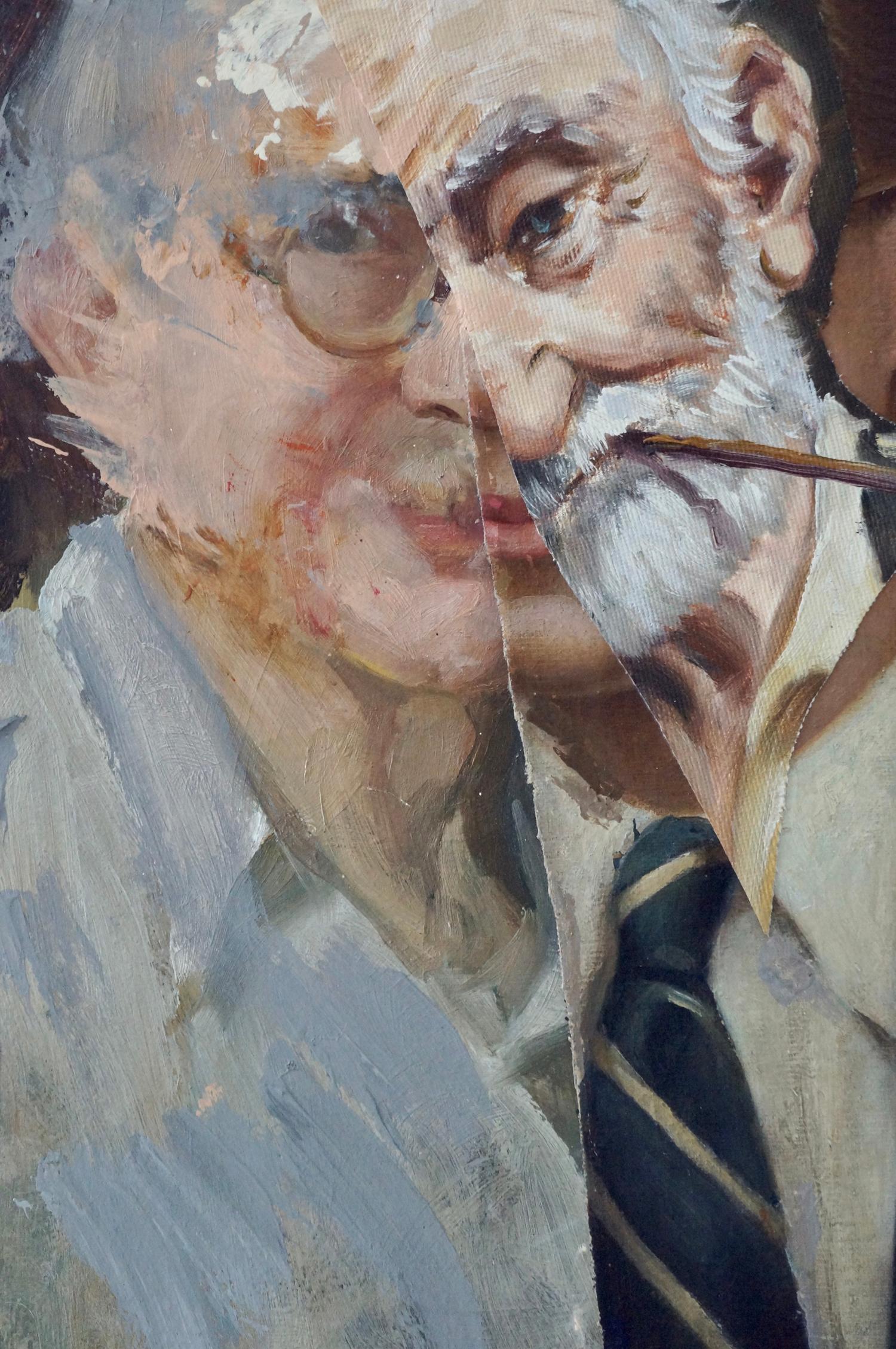 « Old Madman 4 », peinture acrylique, portrait, collage, tons chair, gris, brun - Contemporain Painting par John Baker