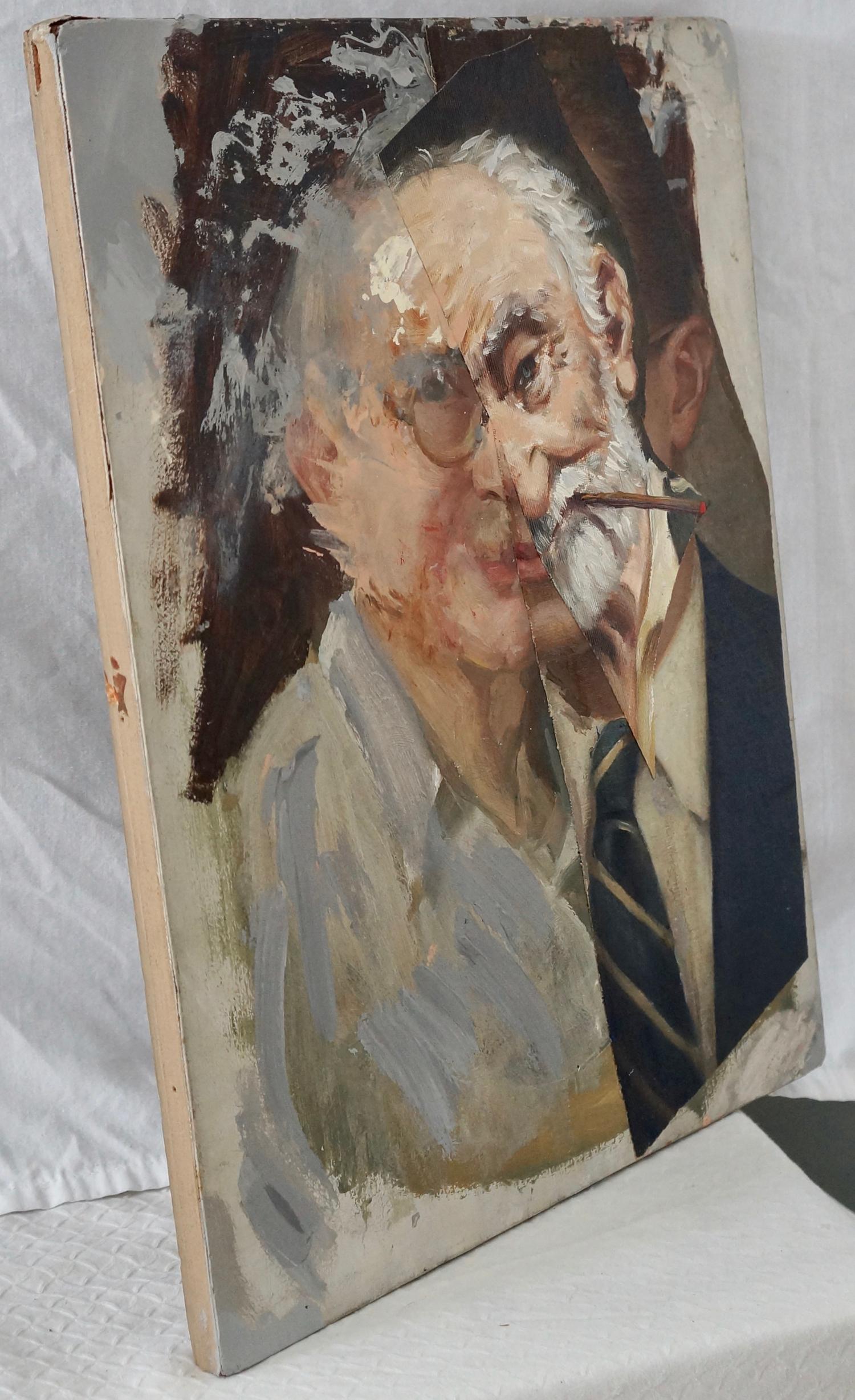 « Old Madman 4 », peinture acrylique, portrait, collage, tons chair, gris, brun - Gris Portrait Painting par John Baker