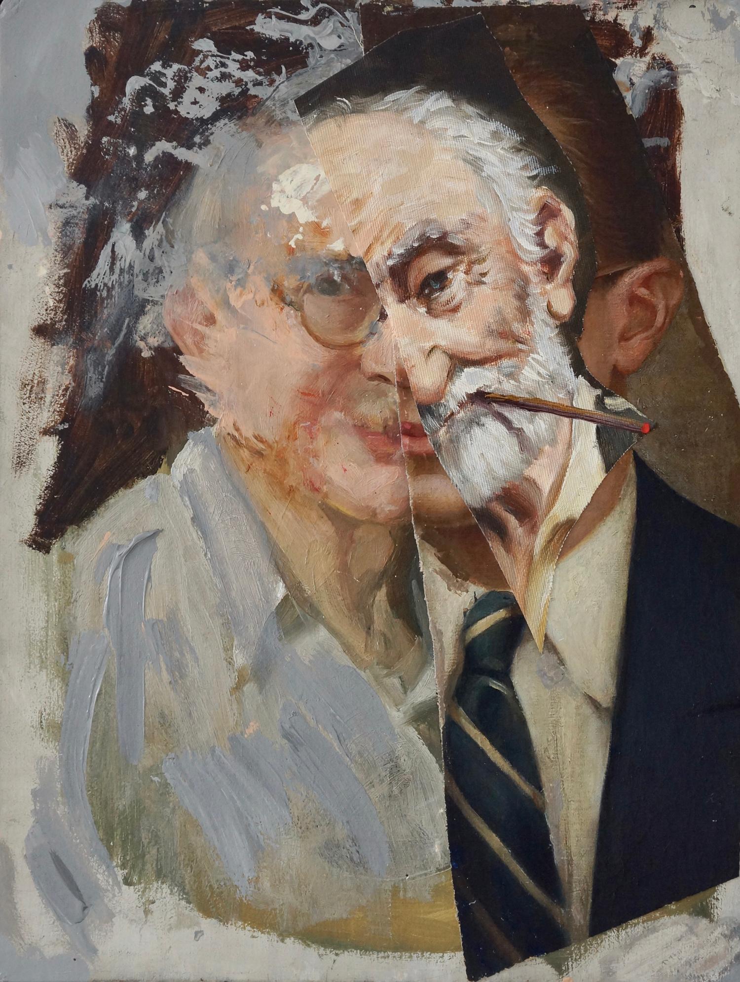 John Baker Portrait Painting - "Old Madman 4", portrait, flesh tones, grey, brown, collage, acrylic painting