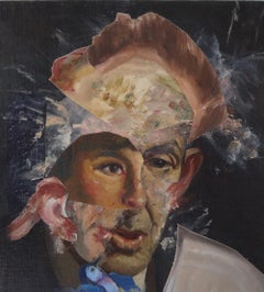 "Old Man Listening to a Bird", Contemporary Portrait, Collage, Acrylic Painting