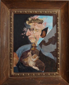 "Viejo soltando un pájaro enjaulado", acrílico, retrato, collage, azul, marrón