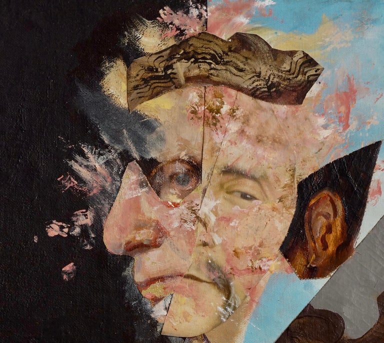 John Baker’s “Old Man Releasing a Caged Bird” is an imaginary portrait painting, acrylic on canvas with collage, 24 x 18 x 1.5 inches in browns, blues and flesh tones. The bird is depicted at the very moment of its liberation simultaneously confined
