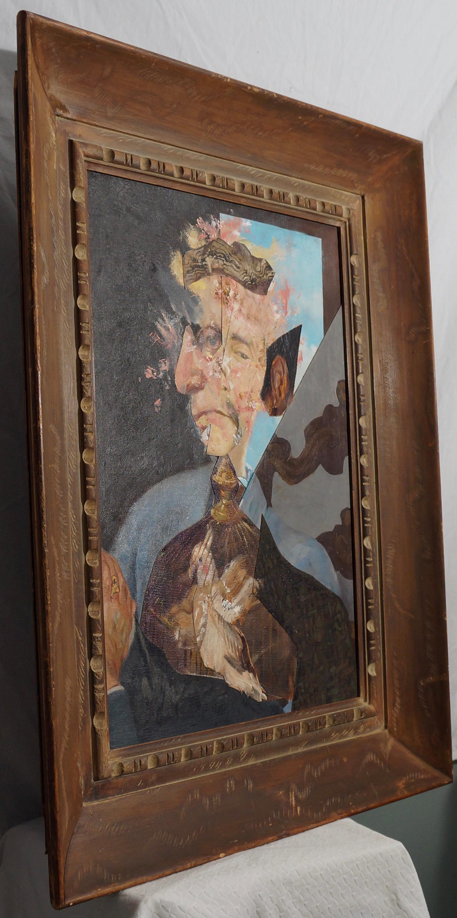„Old Man Releasing a Caged Bird““, Acryl, Porträt, Collage, Blau, Braun im Angebot 2