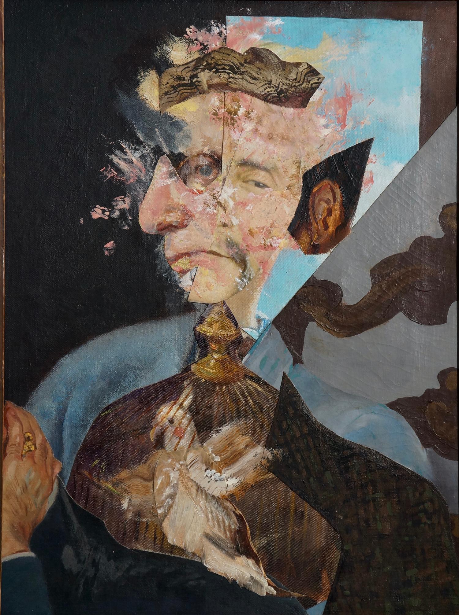 ""Vieil homme libérant un oiseau en cage"", acrylique, portrait, collage, bleu, brun - Mixed Media Art de John Baker