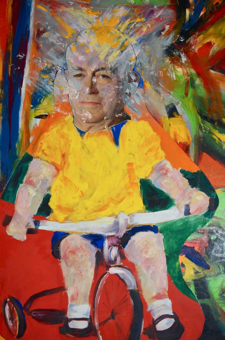John Baker’s “Old Man Riding a Tricycle”, an acrylic painting on canvas with collage 44 x 36 x .75 inches in intense red, yellows and greens, is a tongue-incheek depiction of the equivalence of childhood with adulthood. Determined to regress, or