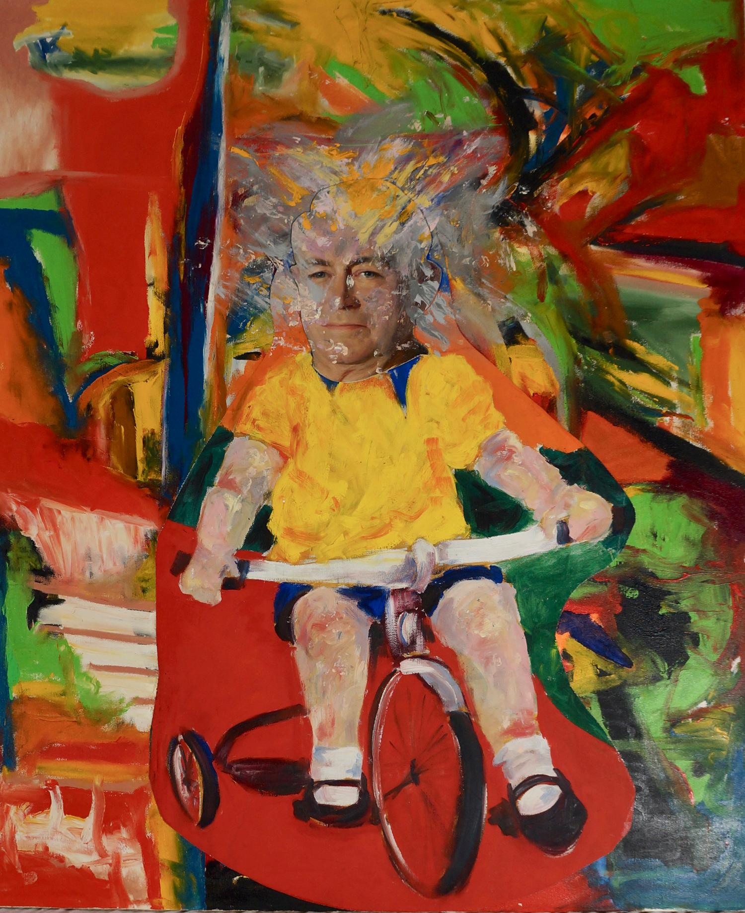 "Old Man Riding a Tricycle", acrylic, mixed media, collage, painting, red