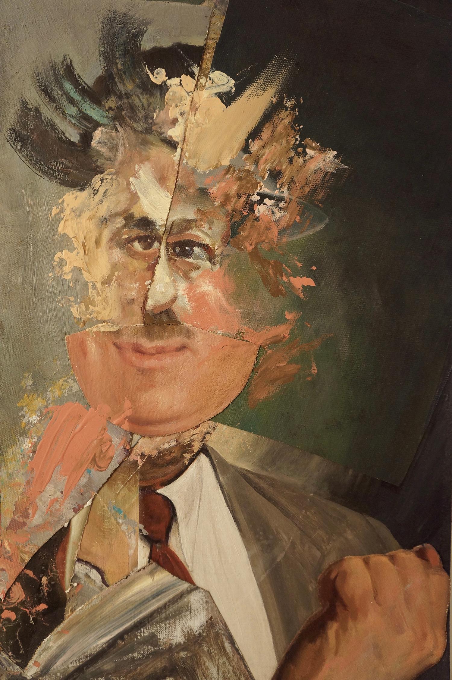 John Baker’s “Poetry and Painting” is an acrylic painting on canvas with collage 21 x 18.75 inches in reds, blues, greys and pinks. In this image the sister arts of poetry and painting are together, each showing its source in inspiration. The