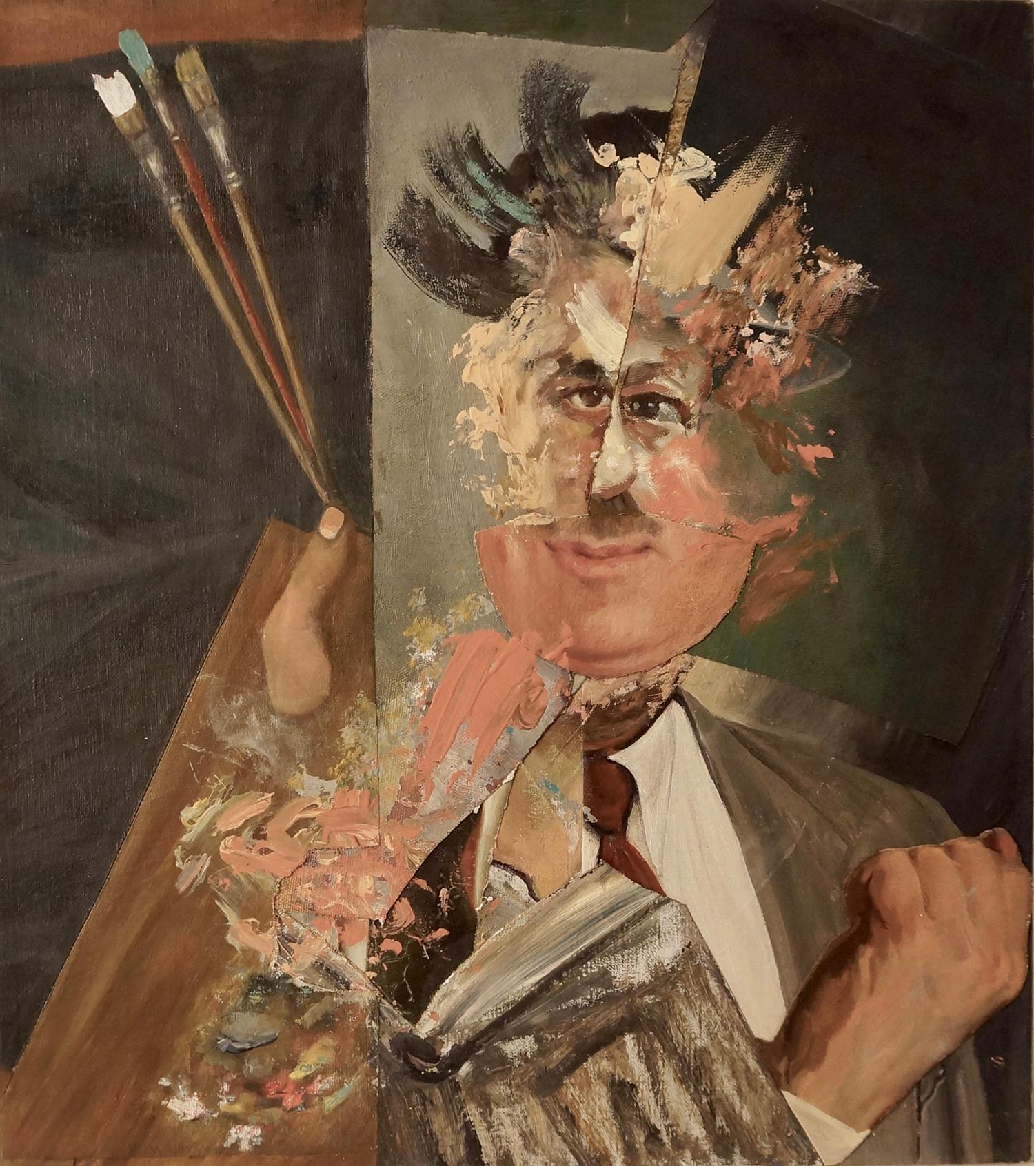 John Baker Portrait Painting - "Poetry and Painting", Surrealist, Reds, Blues, Collage, Acrylic Painting, 2018