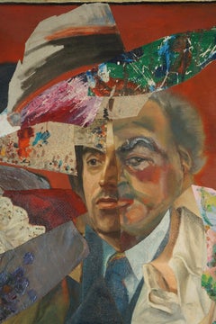"Rush Hour Tryst", zeitgenössisch, rot, blau, Figuren, Collage, Acrylmalerei