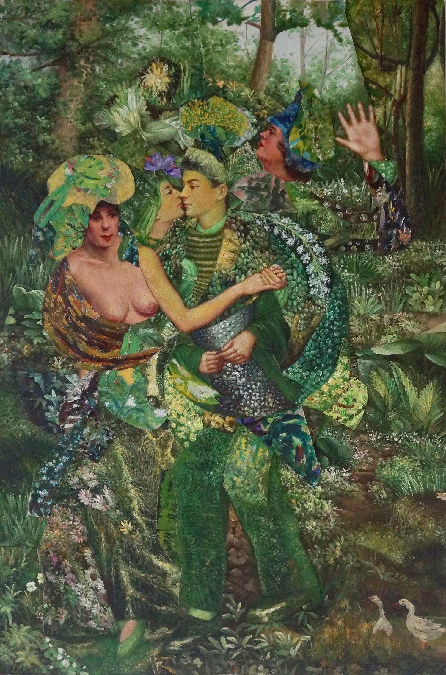 "Sanctuary Kiss", contemporary, forest, greens, collage, acrylic painting - Painting by John Baker