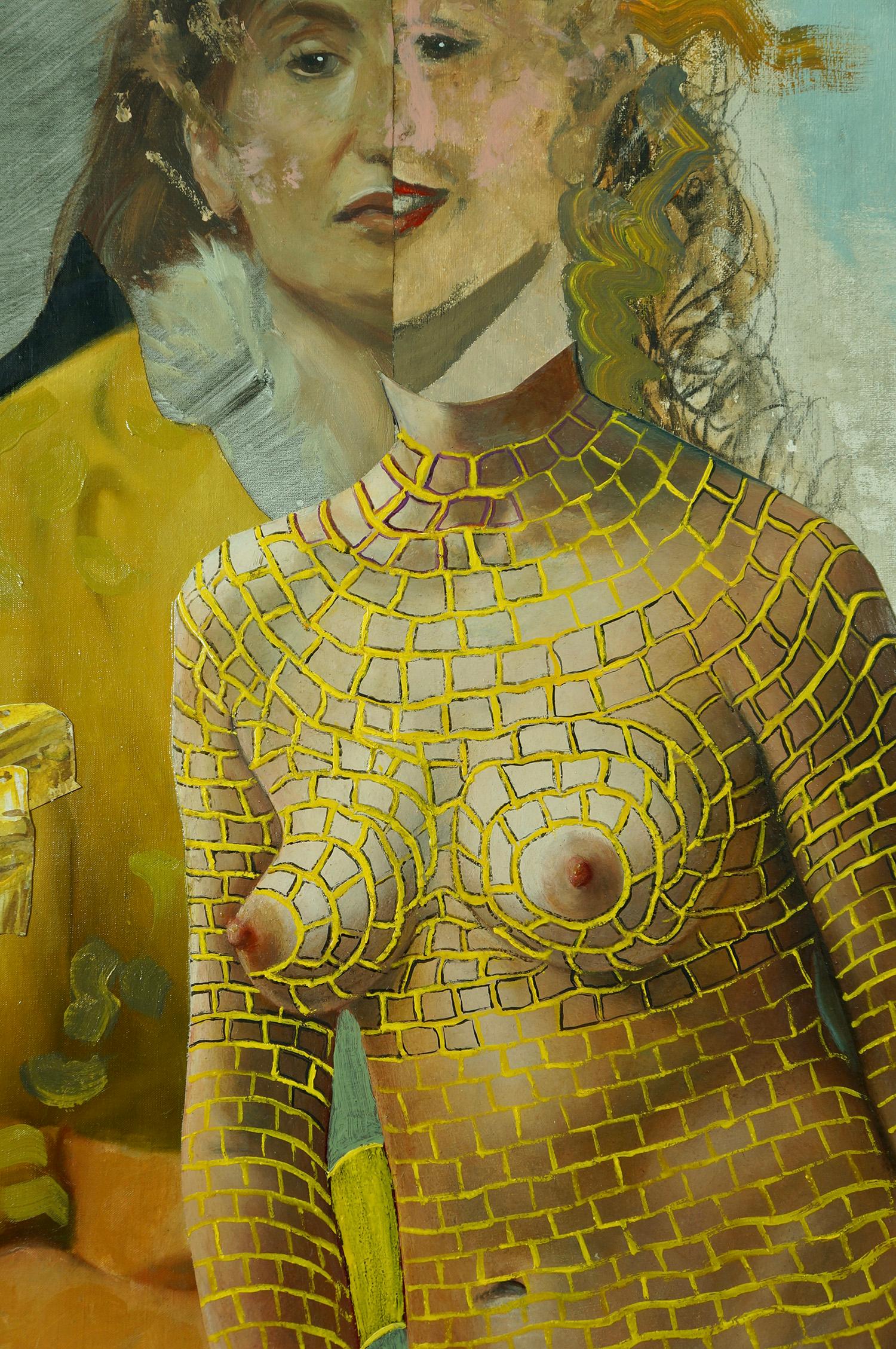 „Self Chaperone“, Surrealistin, Frau, Porträt, Mischtechnik, Acrylmalerei (Surrealismus), Mixed Media Art, von John Baker