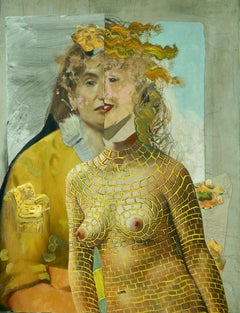 "Self Chaperone", surrealist, woman, portrait, mixed media, acrylic painting