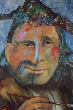 "Self Portrait Painting", Contemporary Portrait, Blue, Collage, Mixed Media