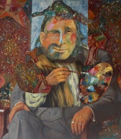 "Self Portrait Painting", contemporary, portrait, collage, blue, mixed media