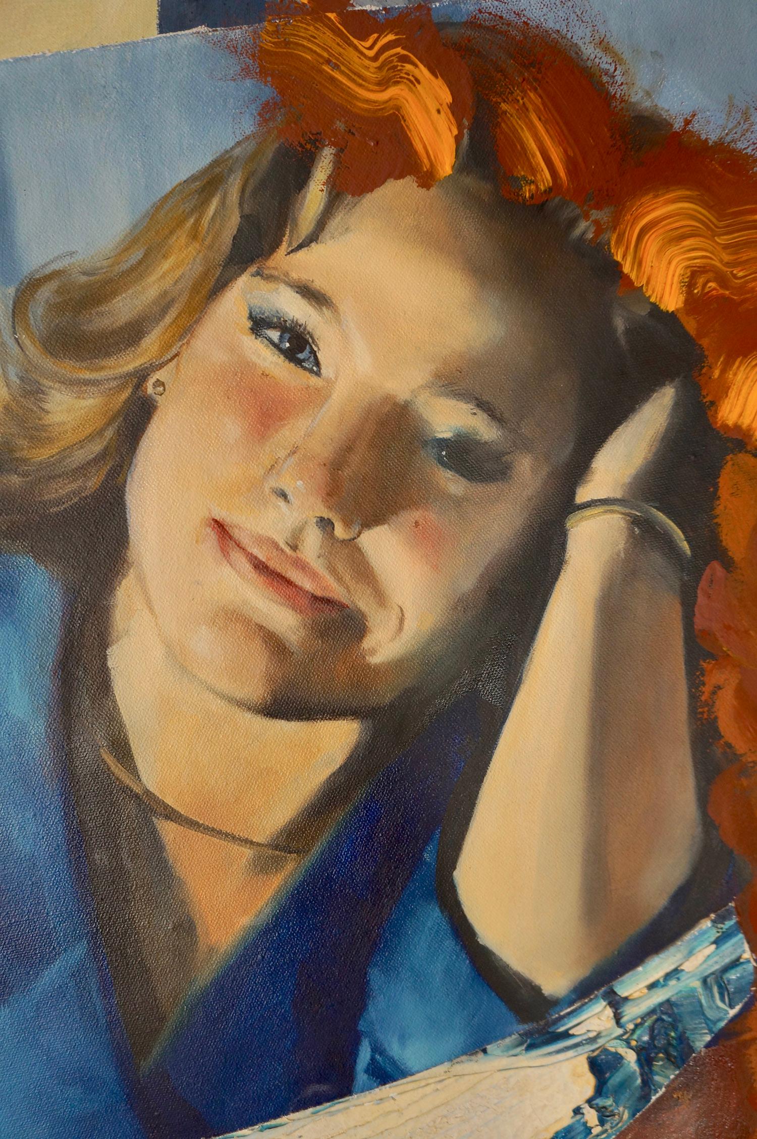 John Baker’s “Shooting the Rapids” is an acrylic painting on canvas with collage 48.5 x 36 inches in rich blues with auburn and red counterpoints and highlights. The young woman’s mood of contemplative reverie contrasts with the pleased and excited