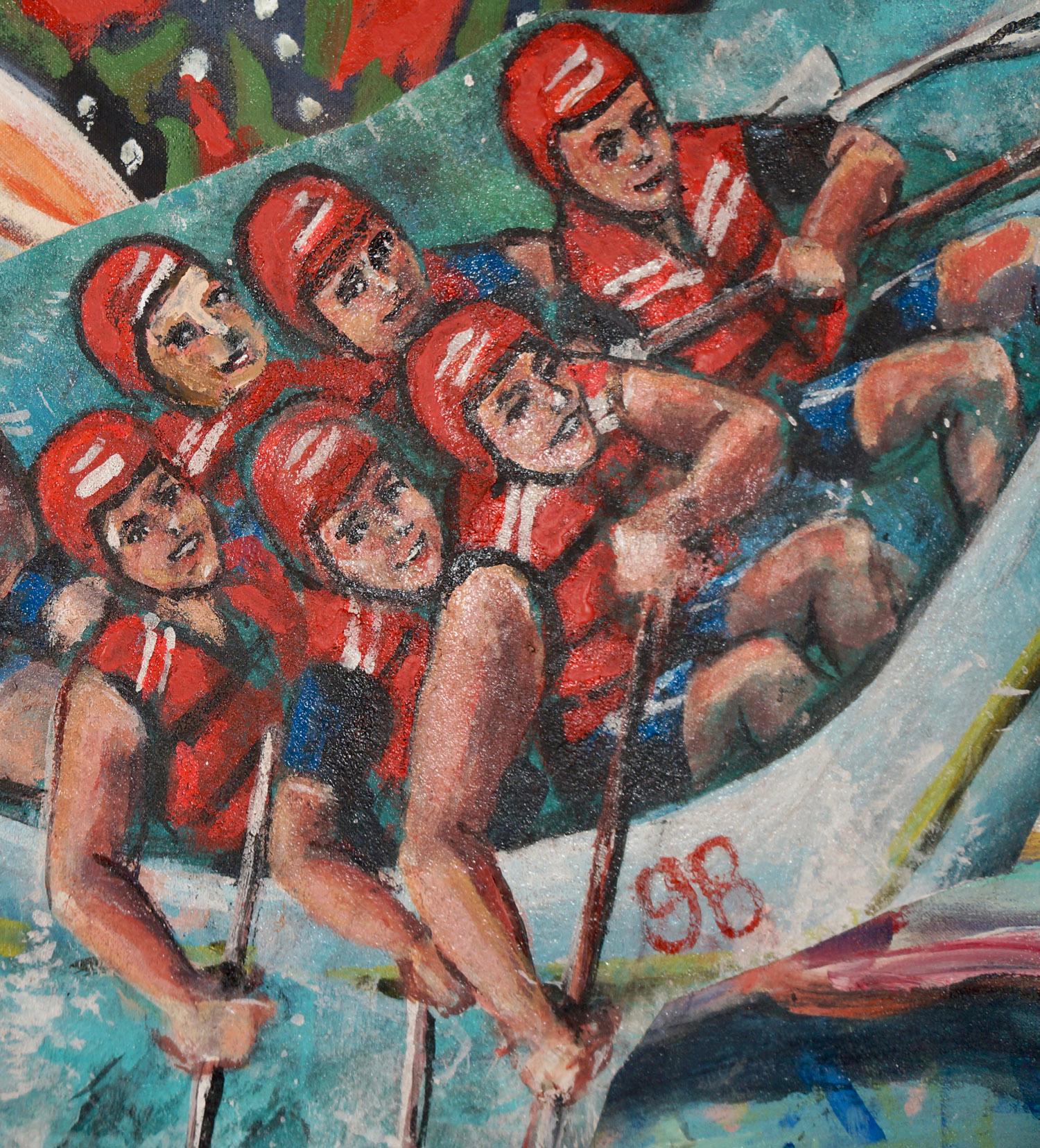 « Shooting the Rapids », acrylique, collage, peinture, personnage, bleu, auburn, rouge en vente 1