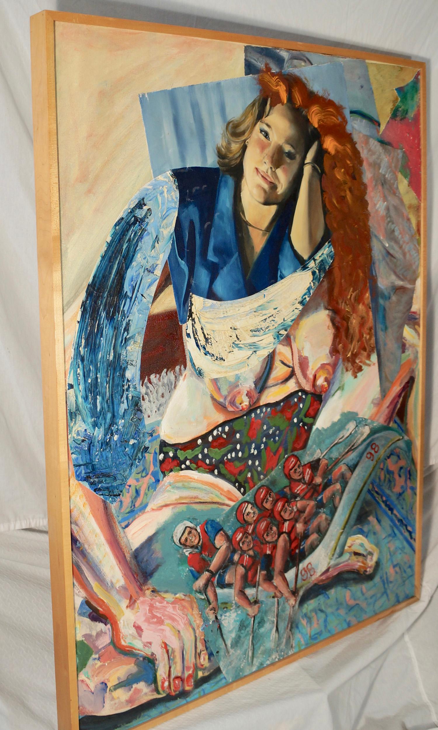 « Shooting the Rapids », acrylique, collage, peinture, personnage, bleu, auburn, rouge en vente 2