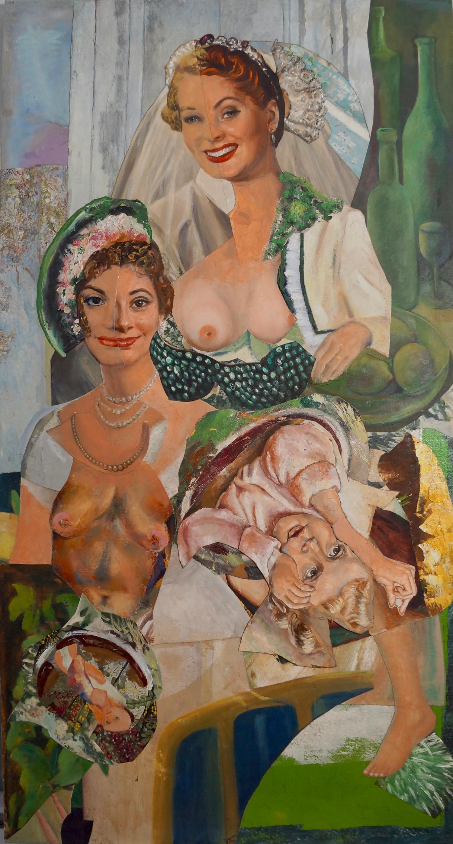 "Shotgun Wedding", portrait, bride, green, white, collage, acrylic painting