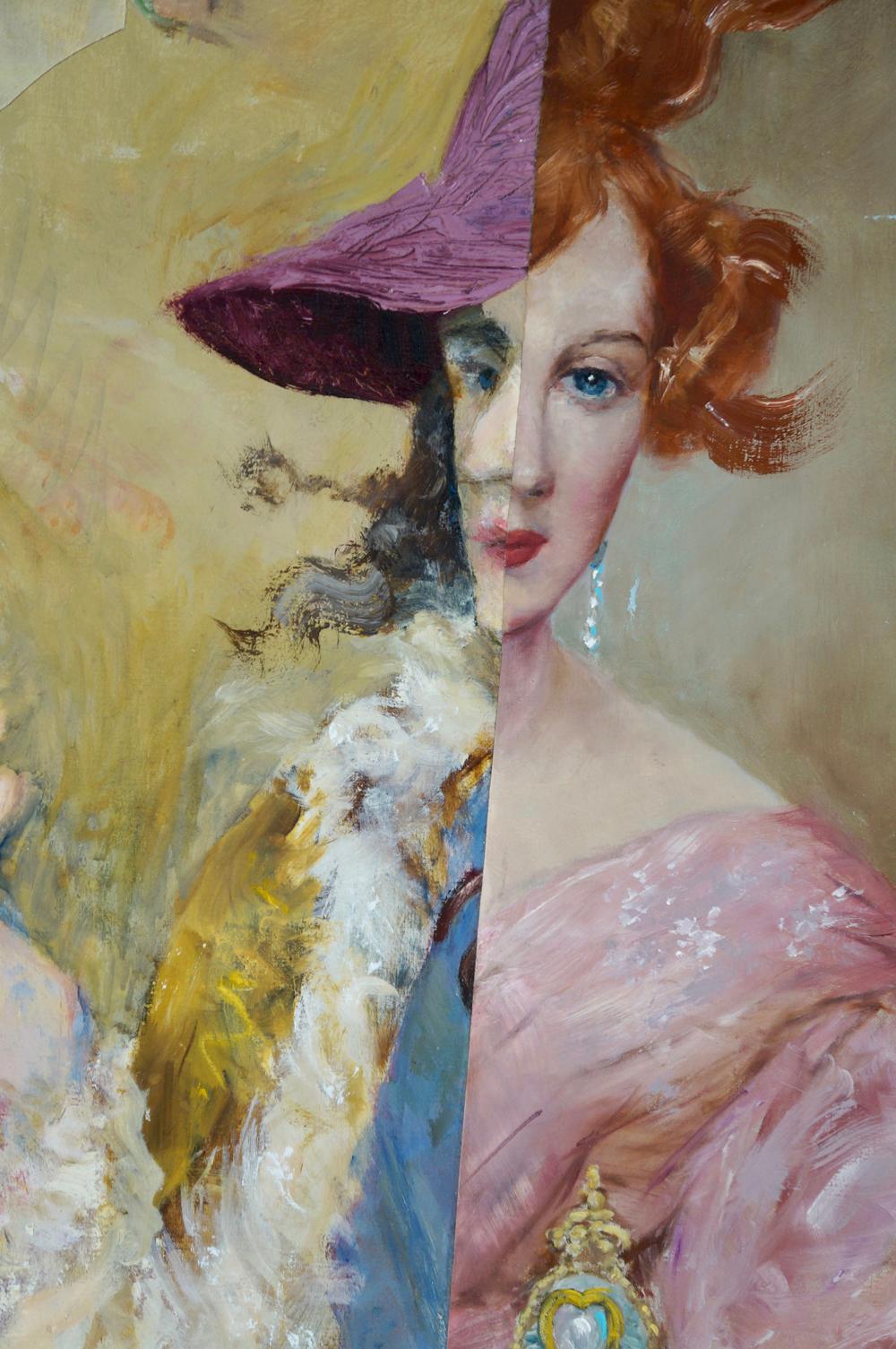 John Baker’s “Smoking Debutante”, an acrylic painting on canvas 40 x 29 x 1.5 inches, in dusty pinks with pale tans, yellows and off whites, is from the artist’s “Socialite” series. Extreme elegance and social poise on the one side and an almost