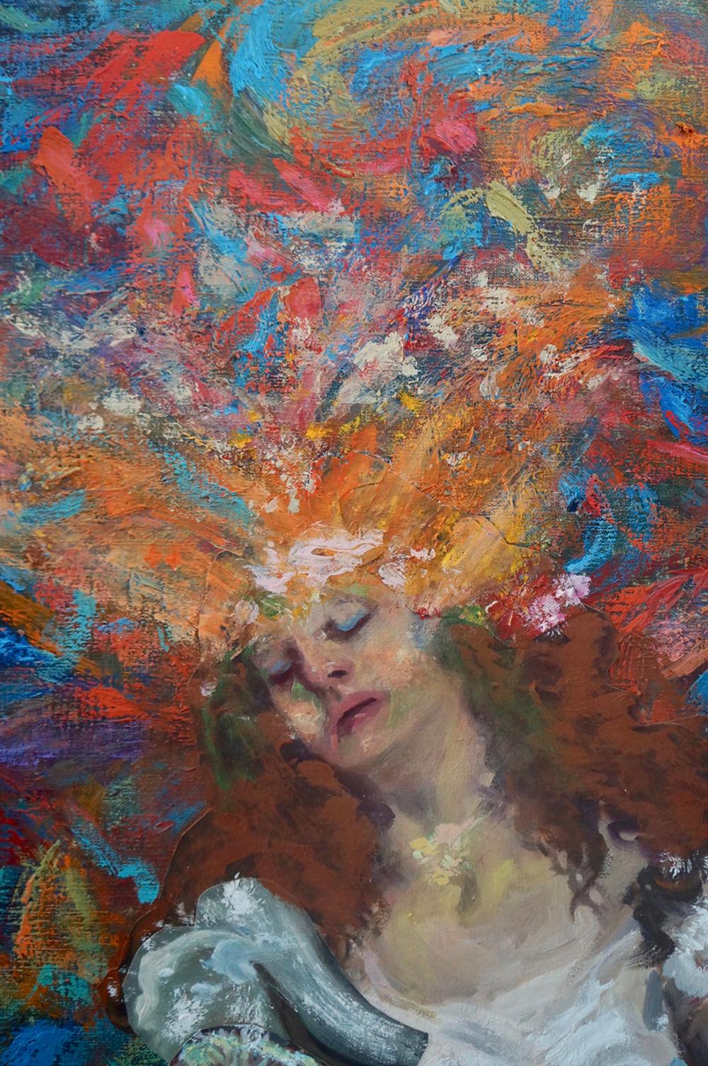 «ong », acrylique, collage, peinture, femme, chanteuse, multicolore, rouges, bleus - Contemporain Painting par John Baker