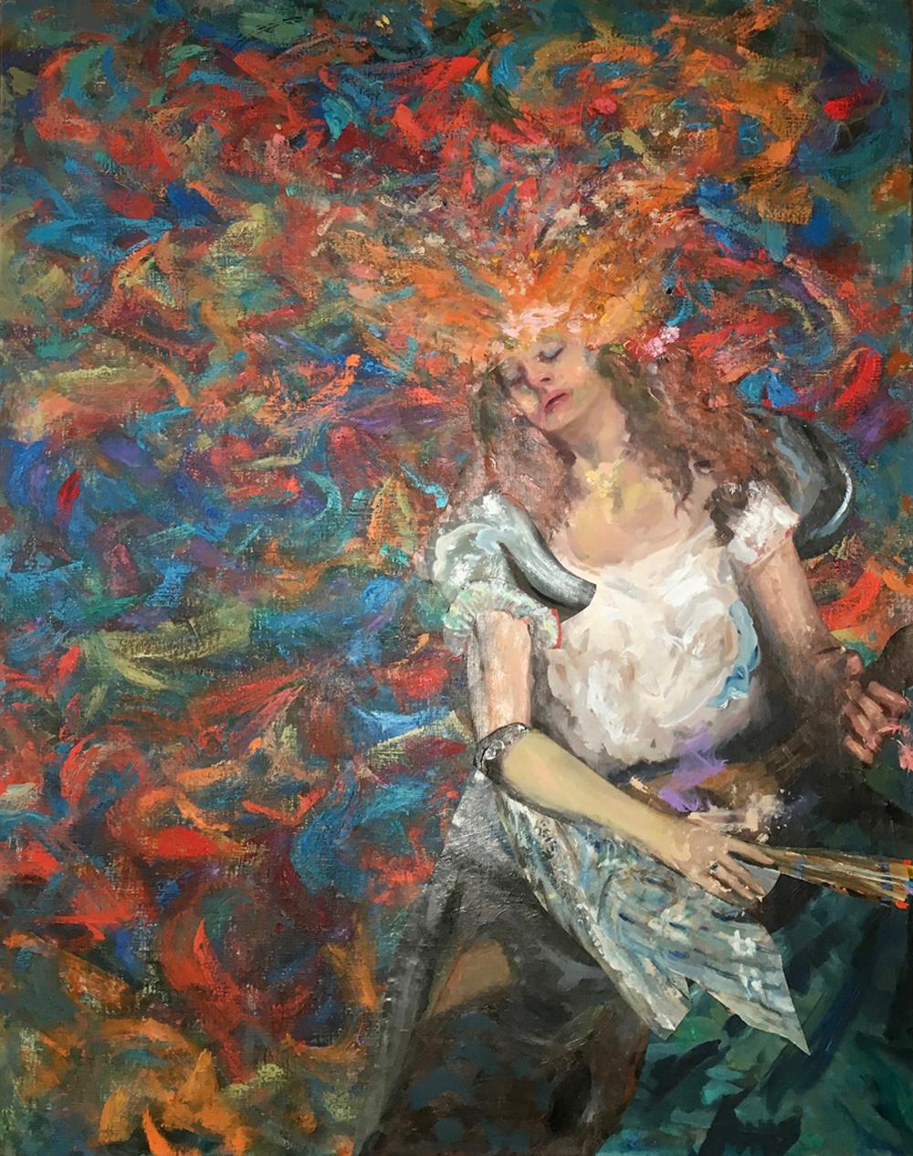 «ong », acrylique, collage, peinture, femme, chanteuse, multicolore, rouges, bleus - Painting de John Baker