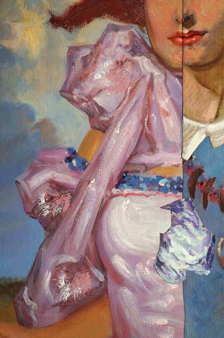John Baker’s “Southern Belle: An Imaginary Portrait”, a 43 x 32 x 1.5 inch acrylic painting with collage on canvas is from the artist’s Socialite series. Painted in pastel colors: pale pinks and blues, off whites and light tans, “Southern Belle”