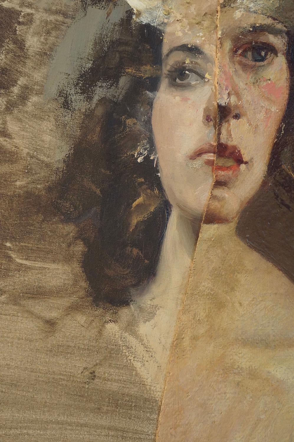 John Baker’s “Studio Sketch of Ella” is an acrylic painting on canvas with collage 20 x 16 inches in creams and browns. The painting is from the “Studio Visitors” series. When Ella arrived at my studio it was as though she arrived in a whirlwind. So