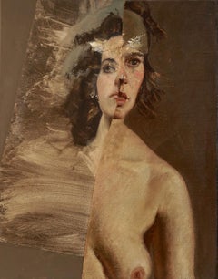 "Studio Sketch of Ella", Surrealist, Cream, Brown, Collage, Acrylic Painting