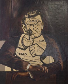 "Práctica de tiro", surrealista, retrato, técnica mixta, pintura acrílica