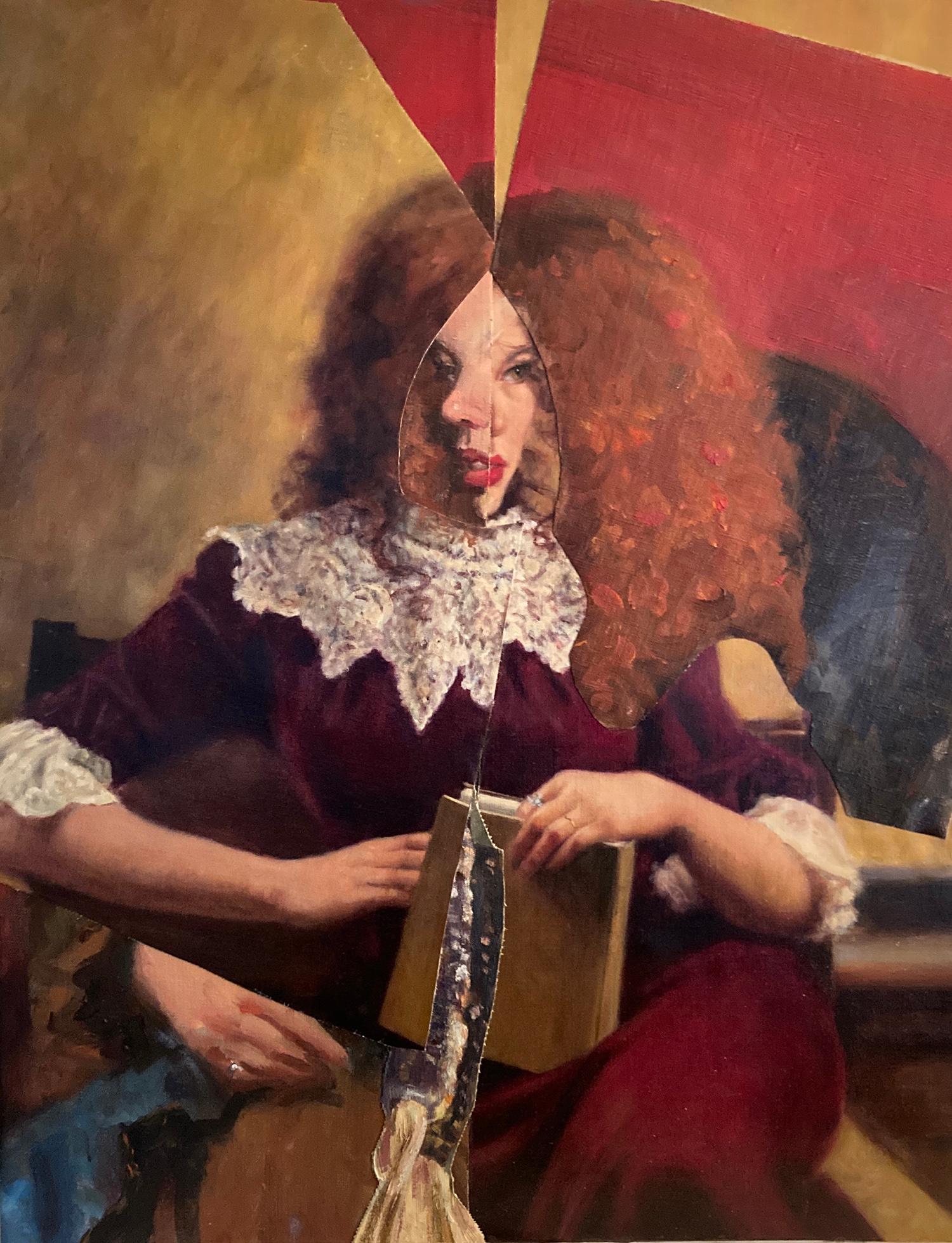 "Das Buchzeichen", Surrealist, Porträt, Frau, Kastanienbraun, Collage, Acrylmalerei – Painting von John Baker