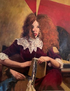 "The Book Mark", Surrealist, Portrait, Woman, Maroon, Collage, Acrylic Painting